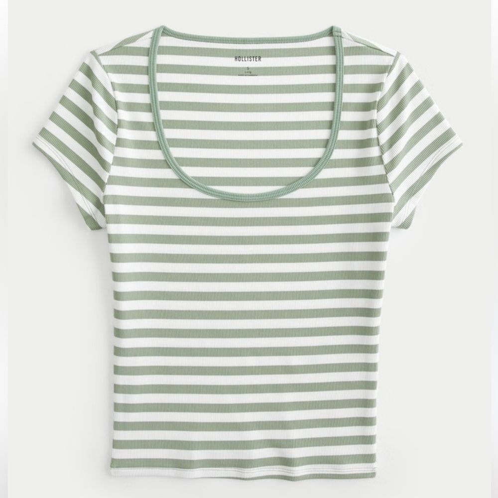 Hollister Ribbed Seamless Fabric Scoop Baby Tee Size Small Green White Stripes
